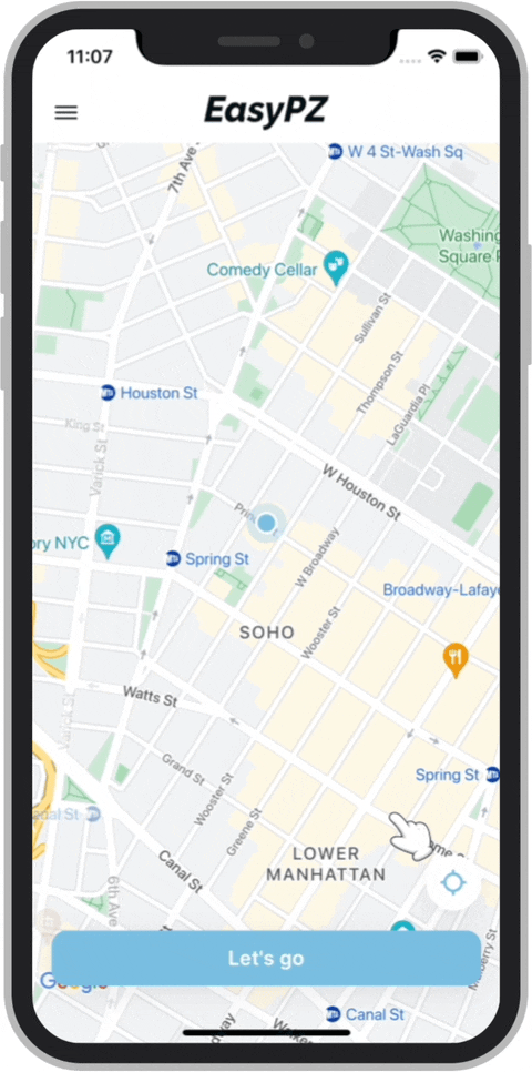 EasyPZ app interface demo showing how to find restrooms